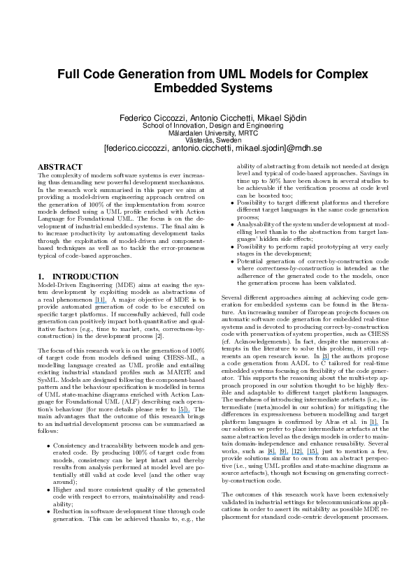 (PDF) Full Code Generation from UML Models for Complex Embedded Systems