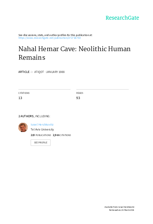 (PDF) Nahal Hemar Cave Neolithic Human Remains Israel Hershkovitz