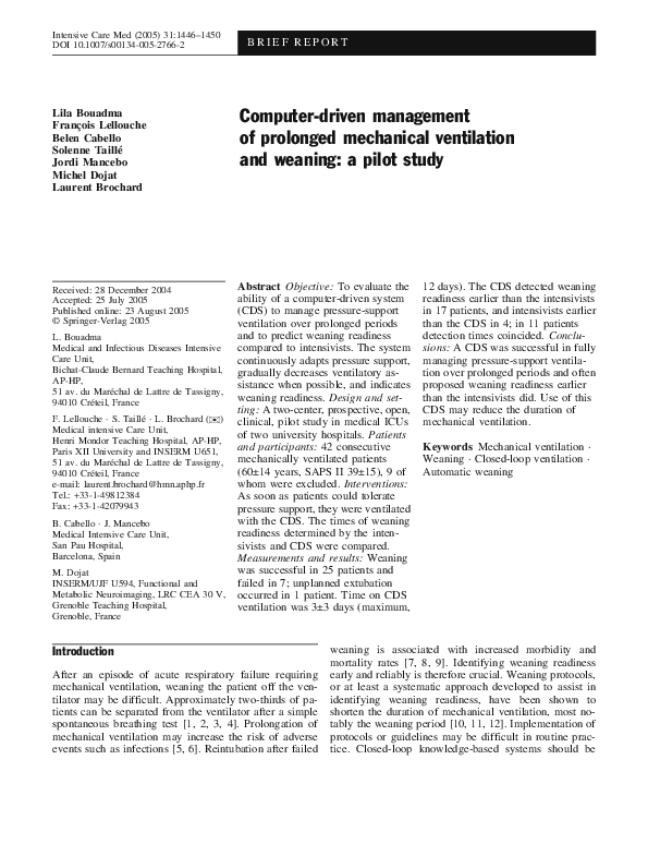 (PDF) Computer-driven management of prolonged mechanical ventilation ...
