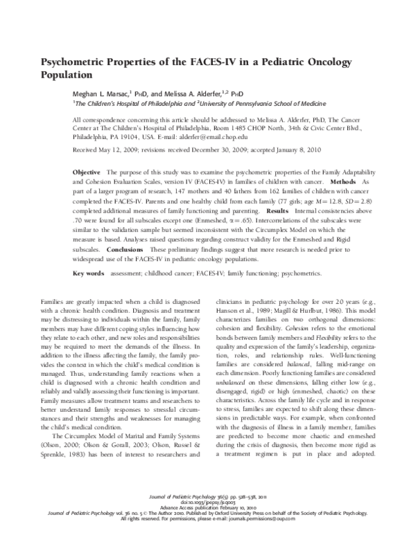 (PDF) Psychometric Properties of the FACES-IV in a Pediatric Oncology ...