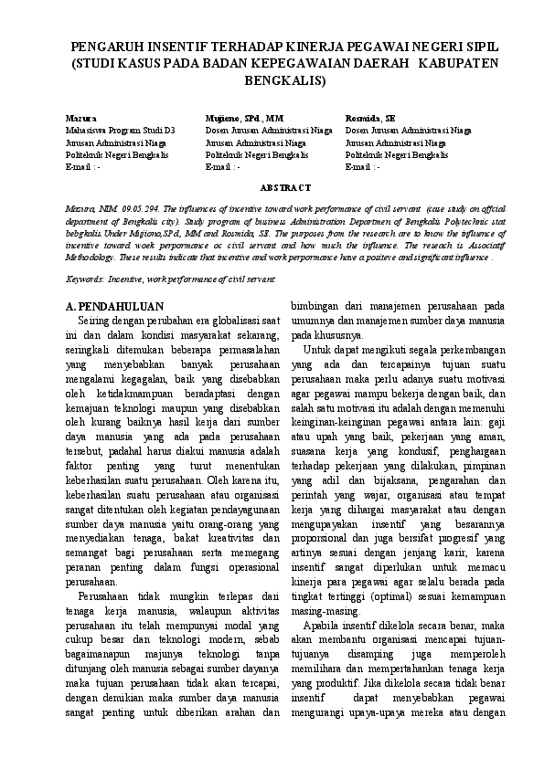 Pdf Pengaruh Insentif Terhadap Kinerja Pegawai Negeri Sipil Studi Kasus Pada Badan Kepegawaian Daerah Kabupaten Bengkalis Muhammad Hibatullah Academia Edu
