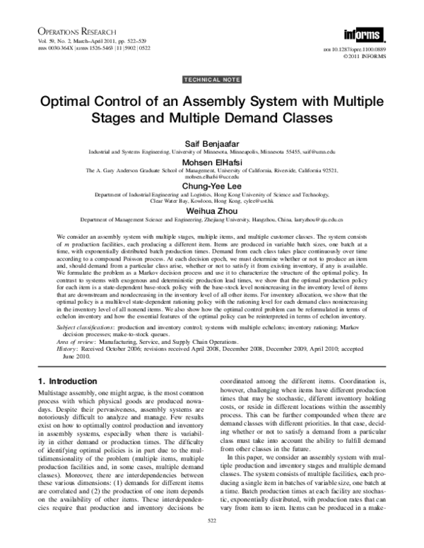 (PDF) Optimal Control of an Assembly System with Multiple Stages and ...