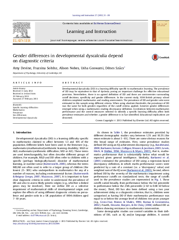 (PDF) Gender differences in developmental dyscalculia depend on ...