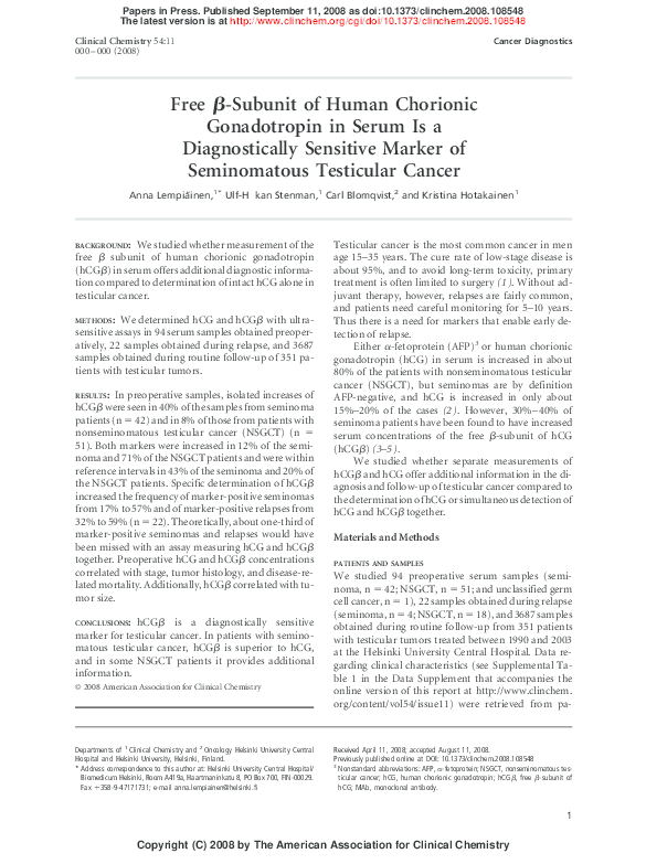 (PDF) Free -Subunit of Human Chorionic Gonadotropin in Serum Is a ...