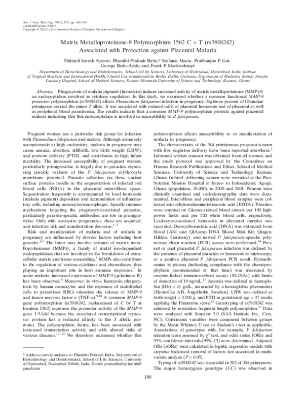 (PDF) Matrix Metalloproteinase-9 Polymorphism 1562 C > T (rs3918242 ...