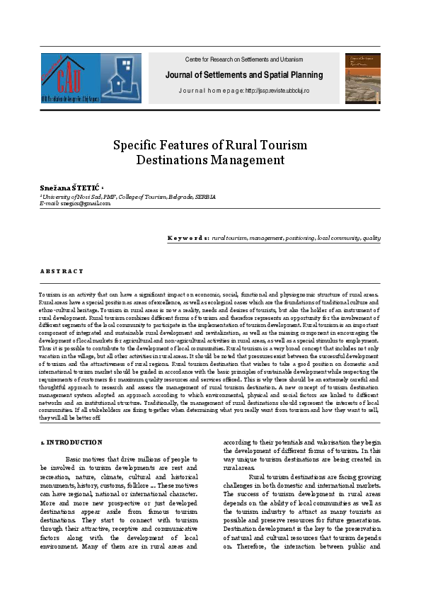 (PDF) Specific Features of Rural Tourism Destinations Management