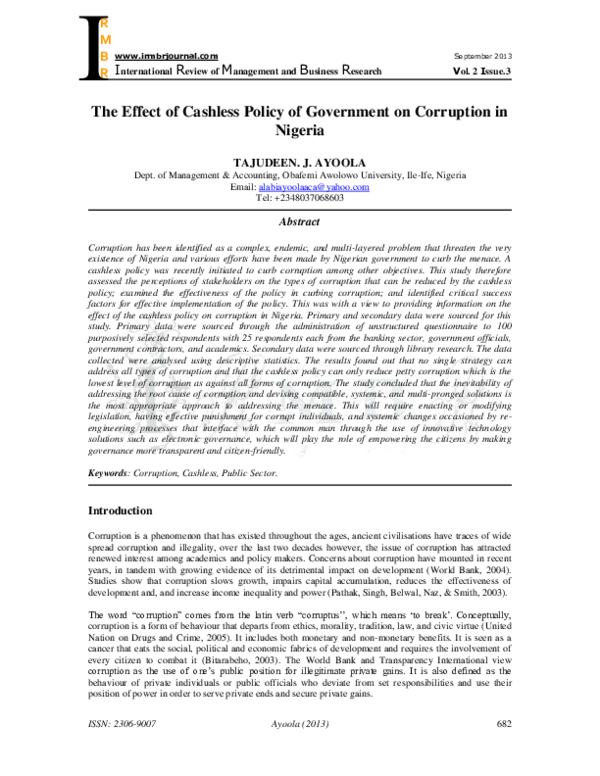 (PDF) The Effect of Cashless Policy of Government on Corruption in Nigeria