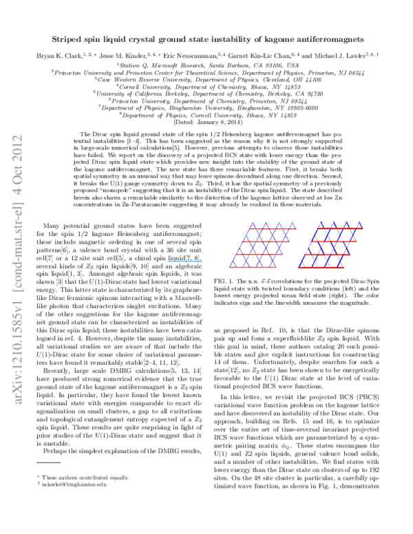 (PDF) Striped Spin Liquid Crystal Ground State Instability of Kagome ...