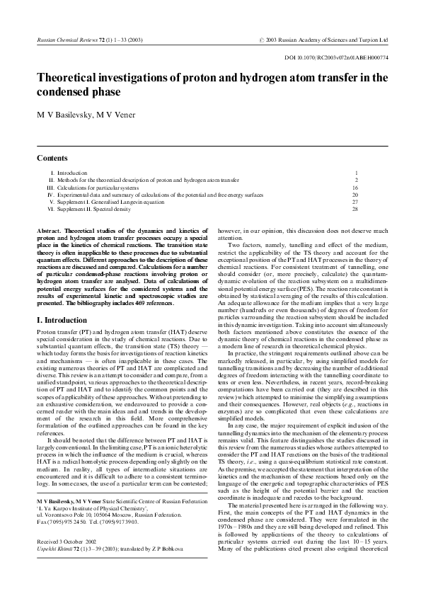 (PDF) Theoretical investigations of proton and hydrogen atom transfer ...