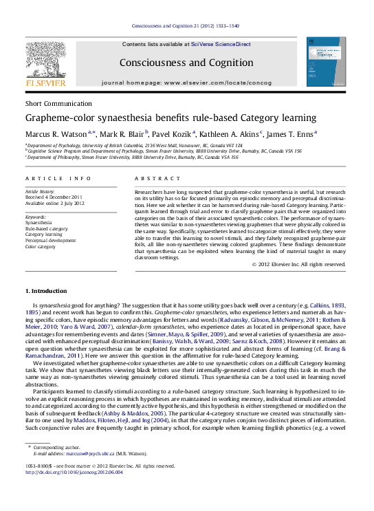(PDF) Grapheme-color synaesthesia benefits rule-based Category learning