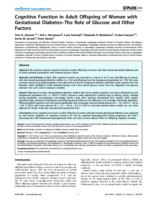 (PDF) Cognitive function in adult offspring of women with Type 1 diabetes