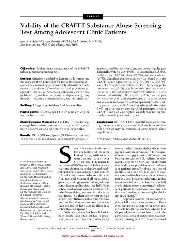(PDF) Validity of the CRAFFT Substance Abuse Screening Test Among ...