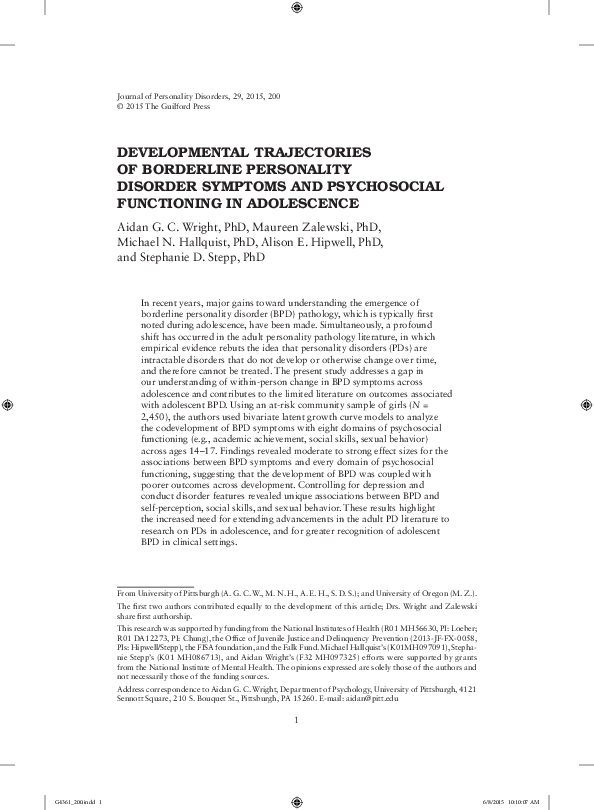 (PDF) Developmental Trajectories of Borderline Personality Disorder ...