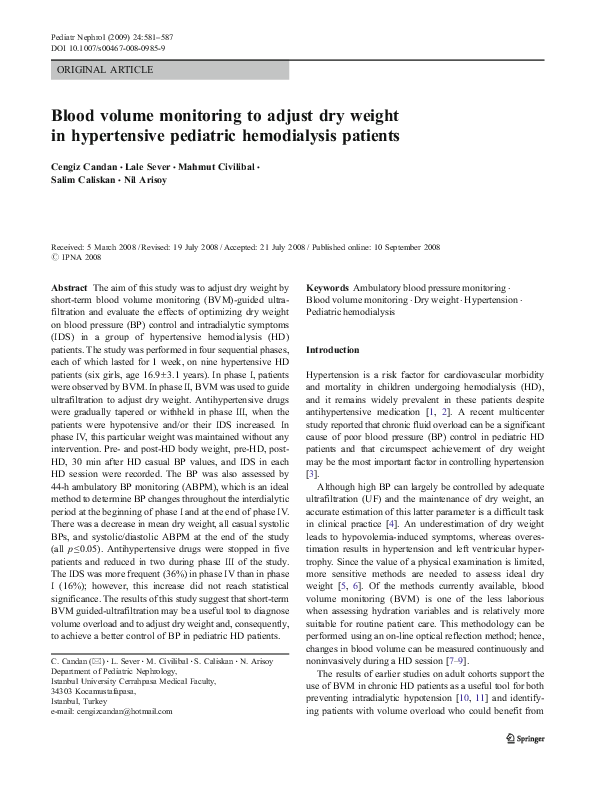 (PDF) Blood volume monitoring to adjust dry weight in hypertensive