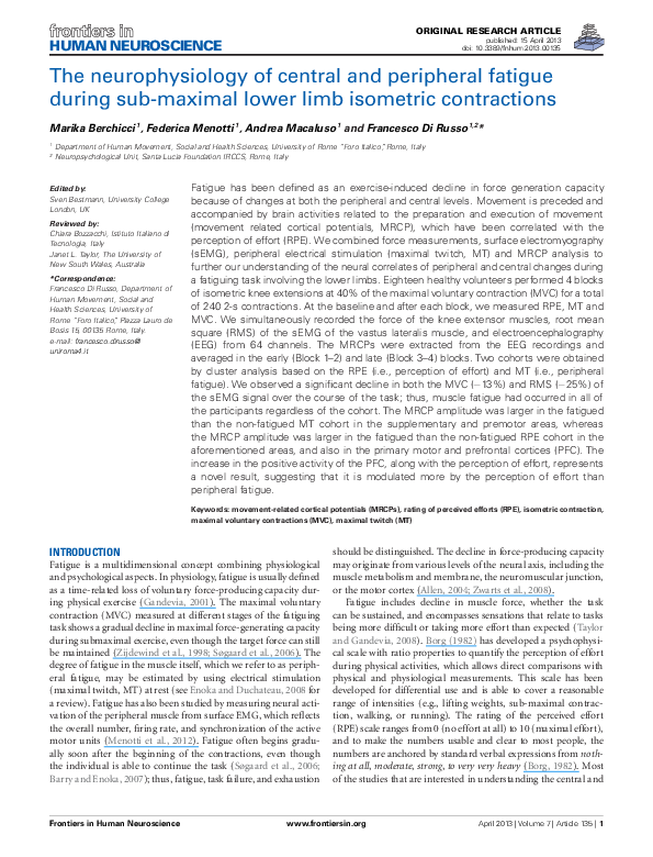 (PDF) The neurophysiology of central and peripheral fatigue during sub ...