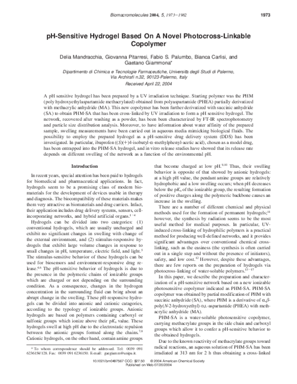 (PDF) pH-Sensitive Hydrogel Based On A Novel Photocross-Linkable Copolymer