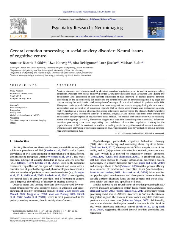 (PDF) General emotion processing in social anxiety disorder: Neural ...