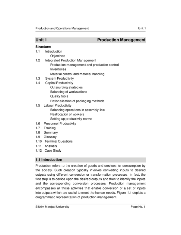 (PDF) Production and Operations Management Unit 1 Production Management ...