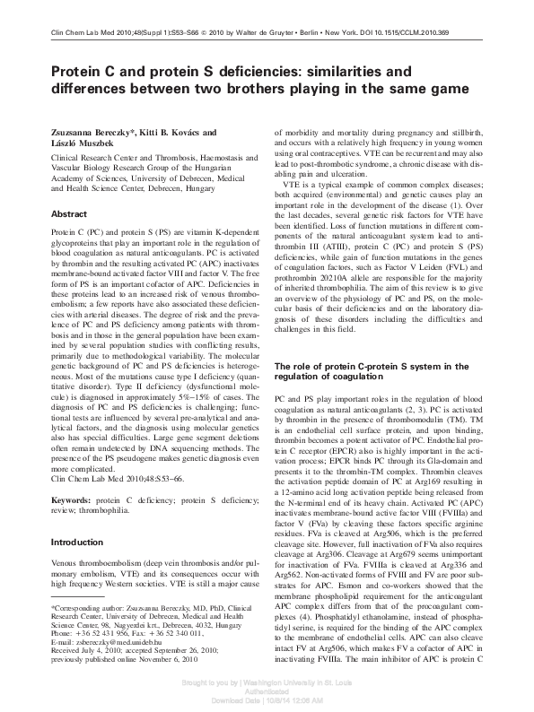 (PDF) Protein C and protein S deficiencies similarities and
