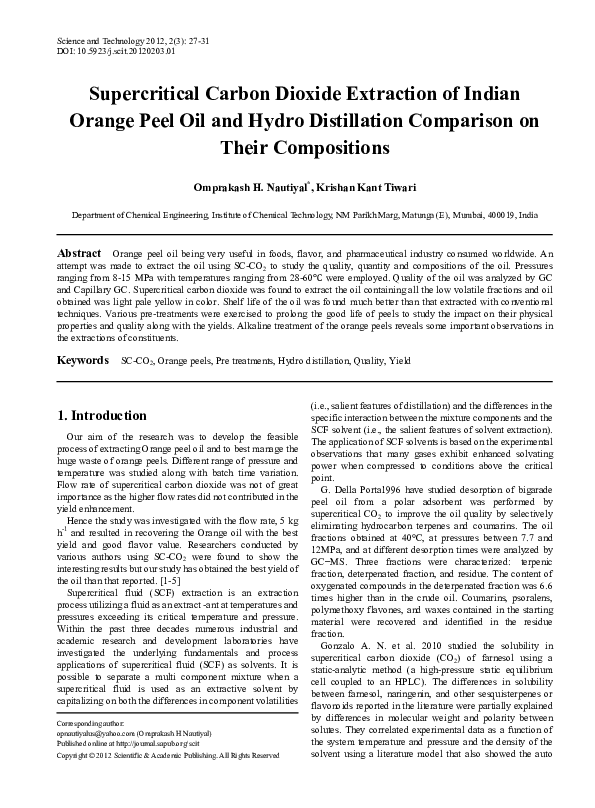 (PDF) Supercritical Carbon Dioxide Extraction of Indian Orange Peel Oil ...