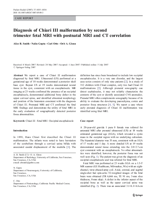 (PDF) Diagnosis of Chiari III malformation by second trimester fetal ...
