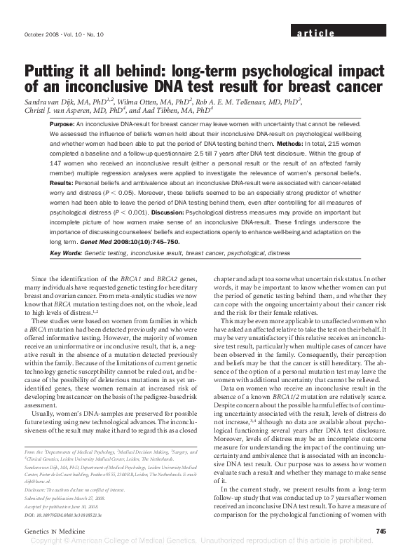 (PDF) Putting it all behind: long-term psychological impact of an ...