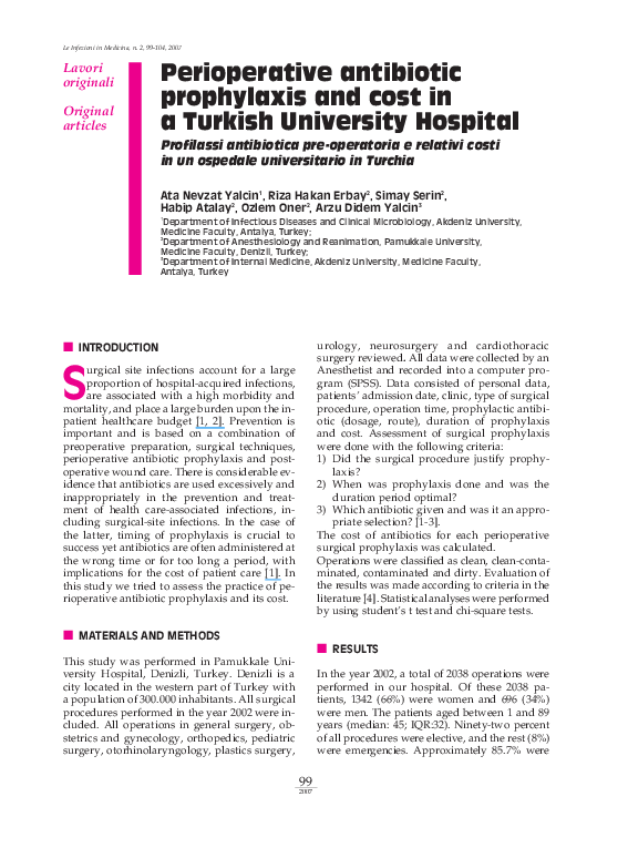 (PDF) Perioperative antibiotic prophylaxis and cost in a Turkish ...
