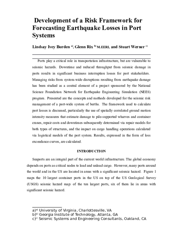 (DOC) Development of a Risk Framework for Forecasting Earthquake Losses ...