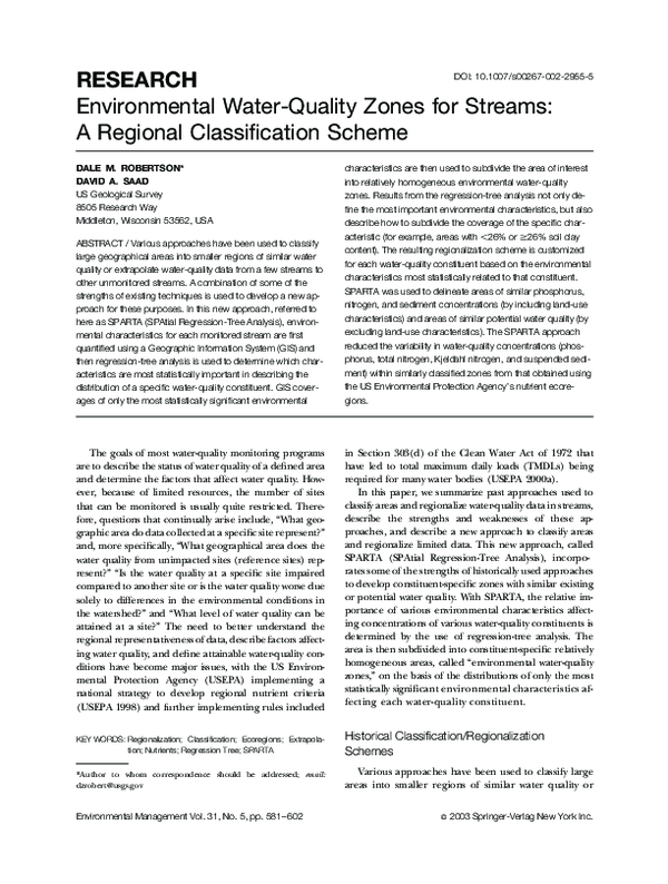 (PDF) Environmental WaterQuality Zones for Streams A Regional