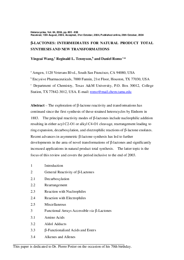 Pdf B Lactones Intermediates For Natural Product Total Synthesis And New Transformations Daniel Romo Academia Edu