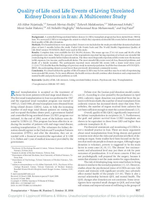 (PDF) Quality of Life and Life Events of Living Unrelated Kidney Donors ...