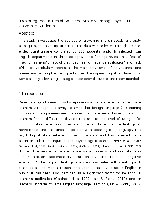 (DOC) Exploring the Causes of Speaking Anxiety among Libyan EFL ...