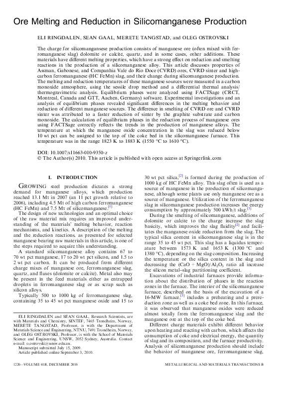 Pdf Ore Melting And Reduction In Silicomanganese Production Merete Tangstad And Oleg Ostrovski Academia Edu