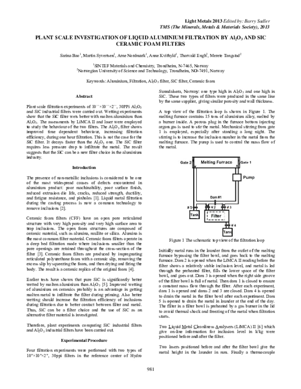 (PDF) Plant Scale Investigation of Liquid Aluminium Filtration by Al 2 ...