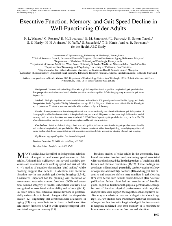 (PDF) Executive function, memory, and gait speed decline in well