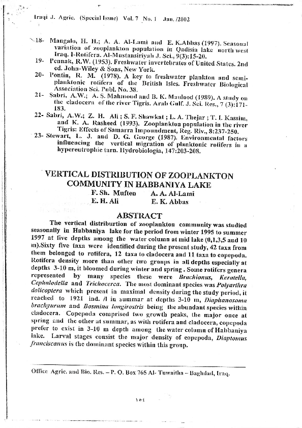 (PDF) VERTICAL DISTRIBUTION OF ZOOPLANKTON COMMUNITY IN HABBANIYA LAKE
