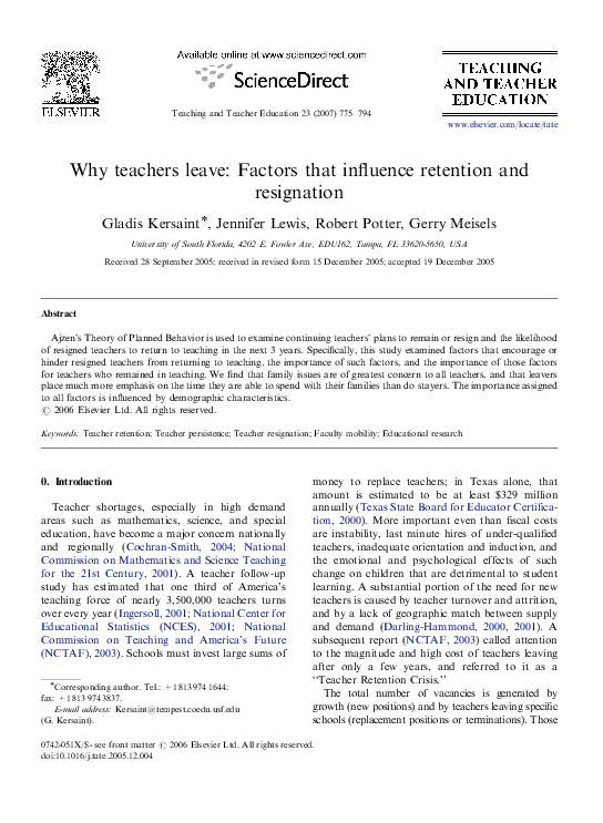 (PDF) Why teachers leave: Factors that influence retention and resignation