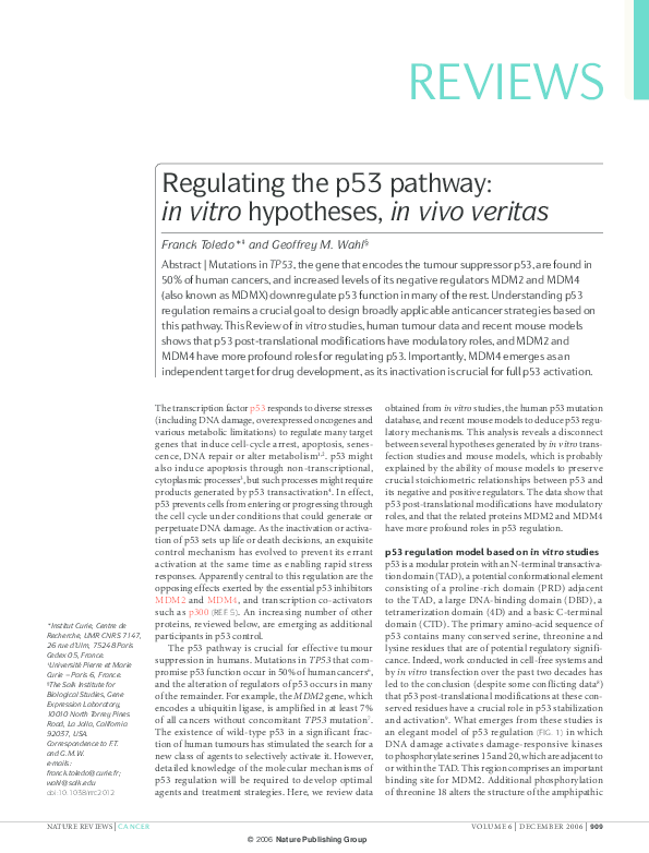 (PDF) Regulating the p53 pathway: in vitro hypotheses, in vivo veritas