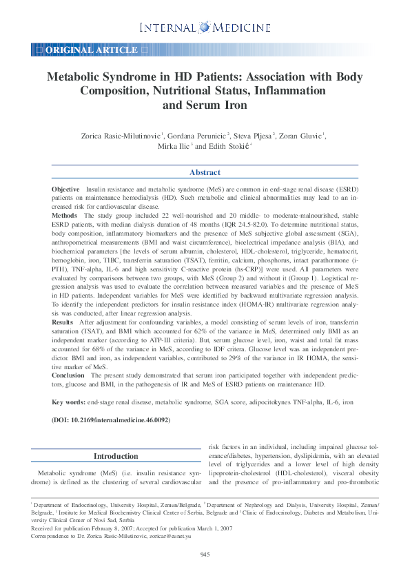 (PDF) Metabolic Syndrome in HD Patients: Association with Body ...