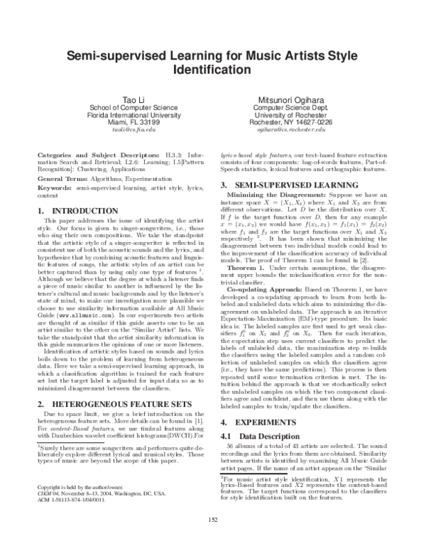 (PDF) Semi-supervised learning for music artists style identification