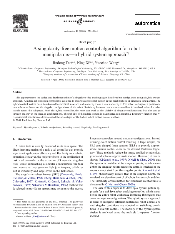 (PDF) A singularity-free motion control algorithm for robot ...