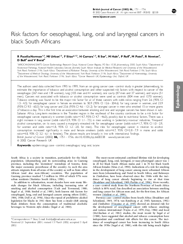 (PDF) Risk factors for oesophageal, lung, oral and laryngeal cancers in ...