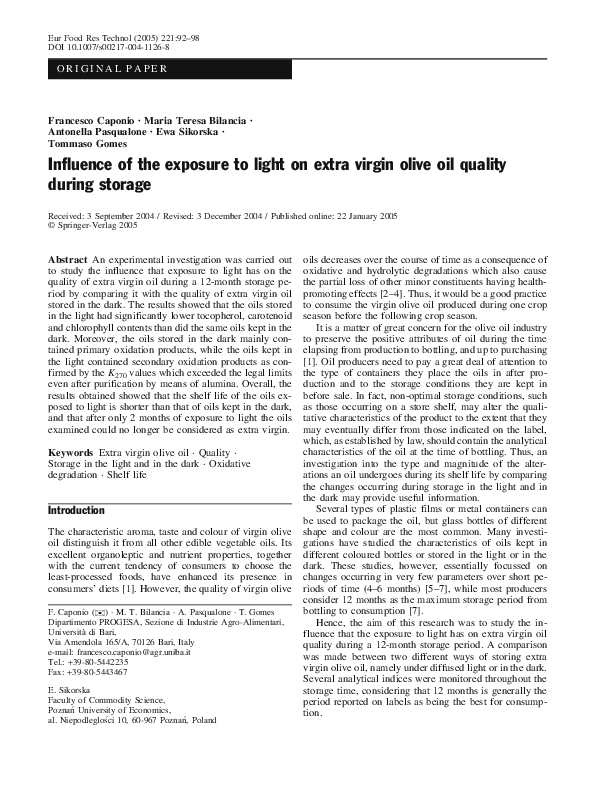 (PDF) Influence of the exposure to light on extra virgin olive oil ...