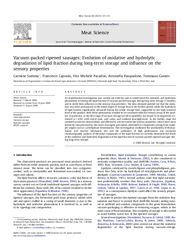 (PDF) Vacuumpacked ripened sausages Evolution of oxidative and
