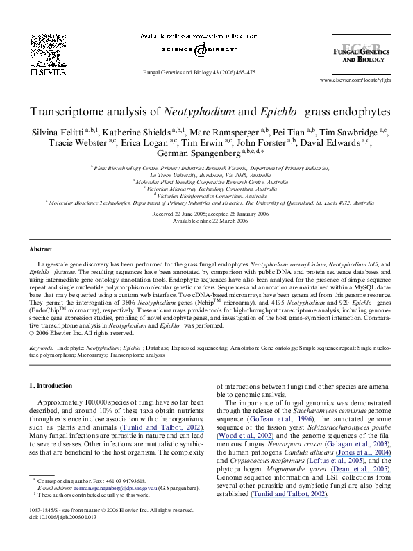 (PDF) Transcriptome analysis of Neotyphodium and Epichloë grass endophytes
