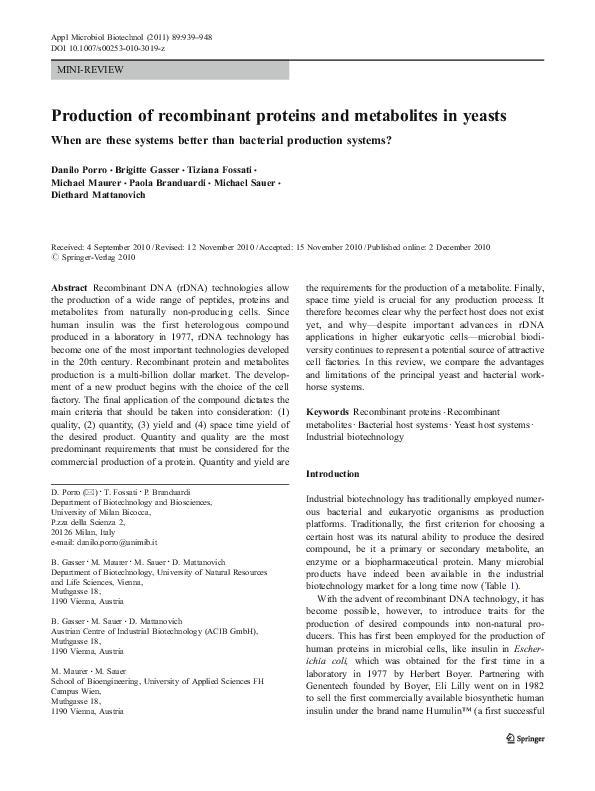 (PDF) Production of proteins and metabolites in yeasts