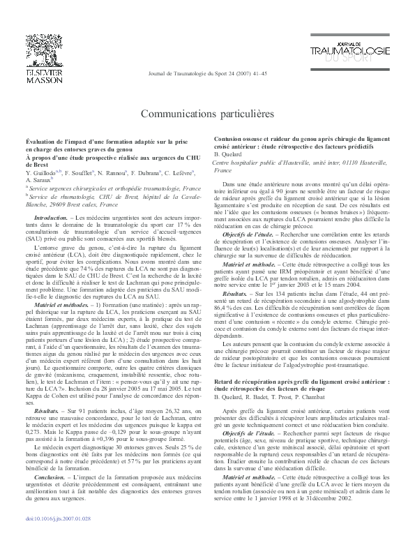 (PDF) Contusion osseuse et raideur du genou après chirugie du ligament croisé antérieur étude