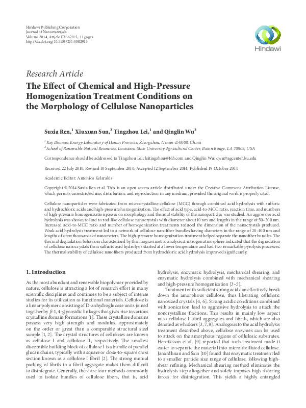 (PDF) The Effect of Chemical and HighPressure Homogenization Treatment Conditions on the