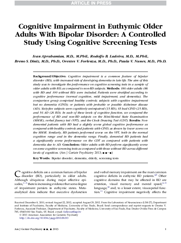 (PDF) Cognitive Impairment in Euthymic Older Adults With Bipolar ...