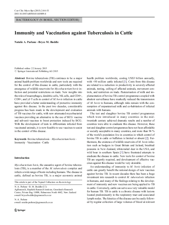 (PDF) Immunity and Vaccination against Tuberculosis in Cattle